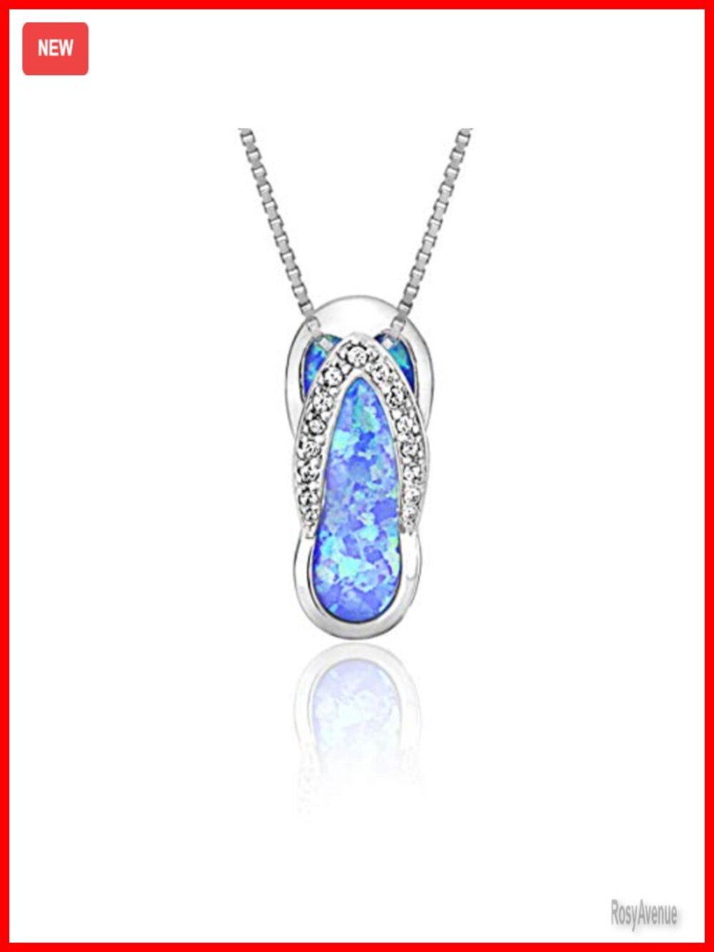 Sterling Silver Flip Flop Pendant Necklace Simulated Blue Opal CZ Accent 18"